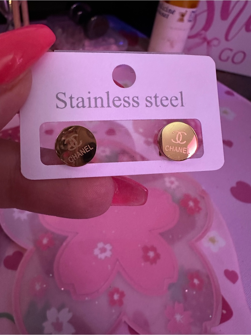 Gold Round CC Logo Stud Earrings